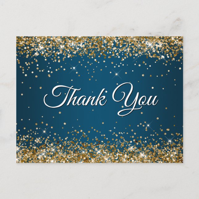 Faux Sparkly Gold Glitter Ocean Blue Thank You Postcard (Front)