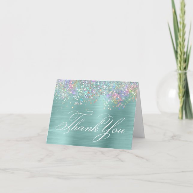 Faux Sparkly Holographic Glitter Pale Turquoise Thank You Card (Front)