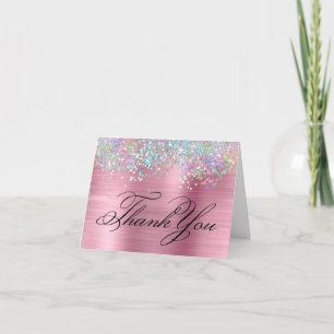 Faux Sparkly Holographic Glitter Pink Foil Thank You Card