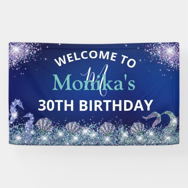 Faux Sparkly Mermaid Glitter Blue Ocean Monogram Banner (Horizontal)