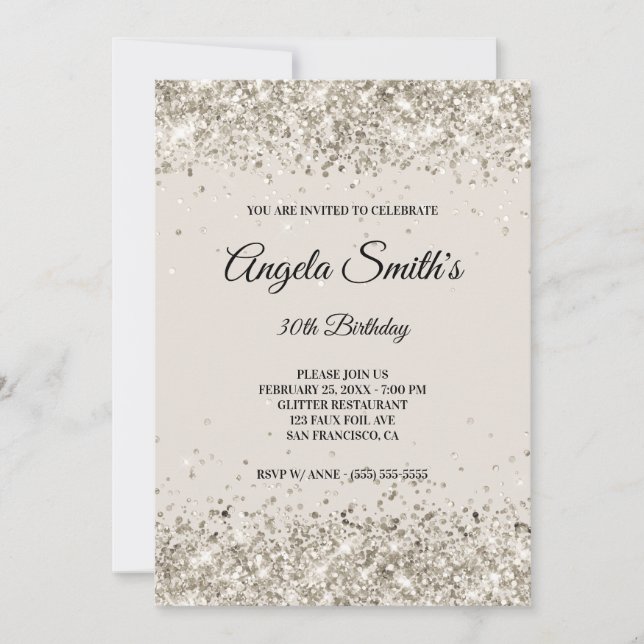 Faux Sparkly Platinum Glitter Beige Invitation (Front)