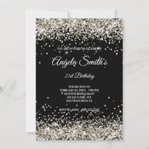 Faux Sparkly Platinum Glitter Black Invitation