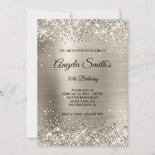 Faux Sparkly Platinum Glitter Foil Monogram Invitation