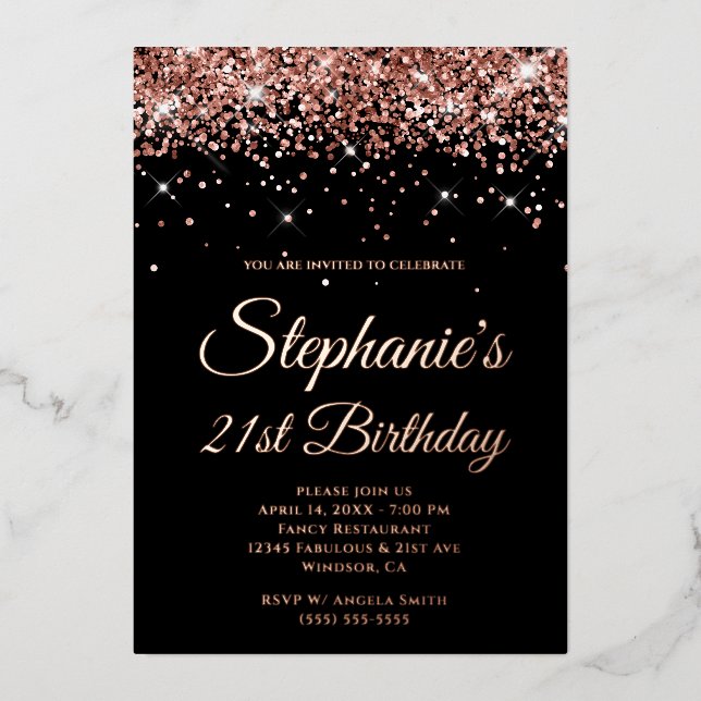Faux Sparkly Rose Gold Glitter Black 21st Birthday (Front)