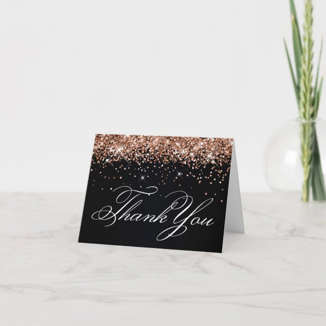 Faux Sparkly Rose Gold Glitter Black Thank You Card (Front)