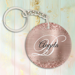 Faux Sparkly Rose Gold Glitter Foil Monogrammed Keychain