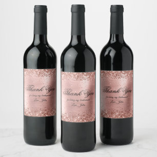Faux Sparkly Rose Gold Glitter Foil Thank You Wine Label