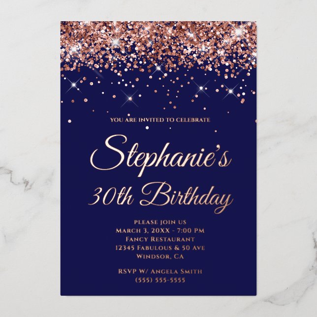 Faux Sparkly Rose Gold Glitter Navy 30th Birthday (Front)