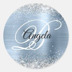 Faux Sparkly Silver Glitter Blue Foil Monogram Classic Round Sticker
