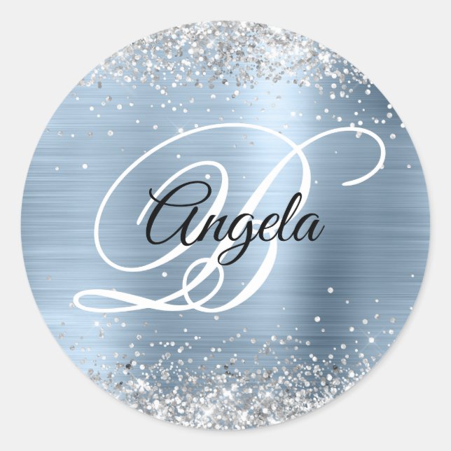 Faux Sparkly Silver Glitter Blue Foil Monogram Classic Round Sticker (Front)