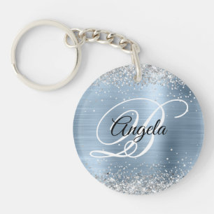 Faux Sparkly Silver Glitter Blue Foil Monogram Keychain