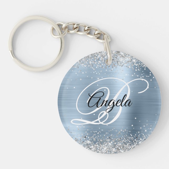 Faux Sparkly Silver Glitter Blue Foil Monogram Keychain (Front)