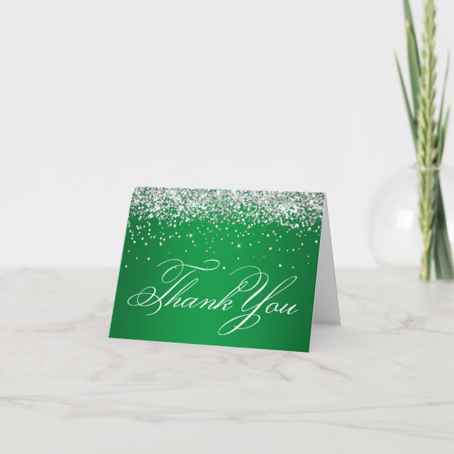 Faux Sparkly Silver Glitter Bright Green Thank You Card (Front)