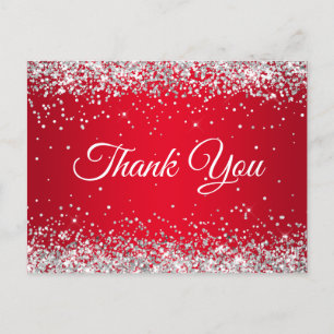 Faux Sparkly Silver Glitter Bright Red Thank You Postcard