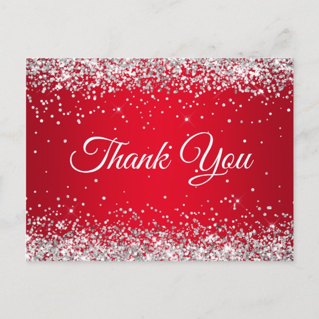 Faux Sparkly Silver Glitter Bright Red Thank You Postcard (Front)