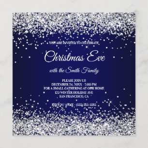 Faux Sparkly Silver Glitter Christmas Navy Blue Invitation