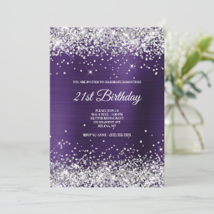Faux Sparkly Silver Glitter Dark Violet Foil Invitation