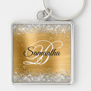 Faux Sparkly Silver Glitter Gold Foil Monogram Keychain
