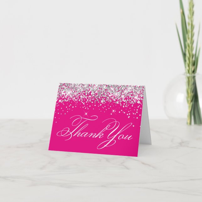 Faux Sparkly Silver Glitter Hot Pink Thank You Card (Front)