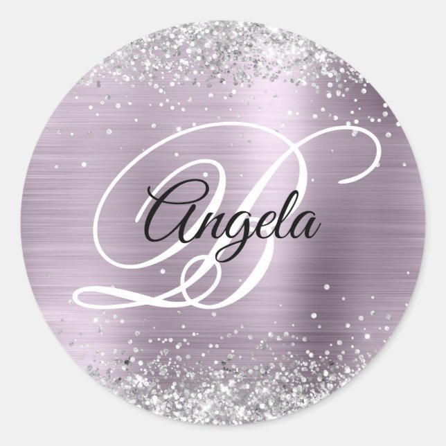 Faux Sparkly Silver Glitter Lavender Foil Monogram Classic Round Sticker (Front)