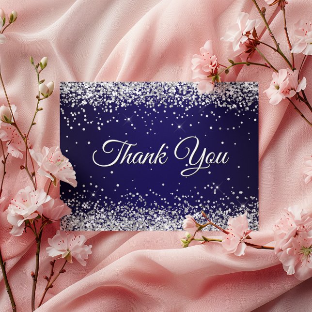 Faux Sparkly Silver Glitter Navy Blue Thank You Postcard (Faux Sparkly Silver Glitter Navy Blue Thank You Postcard)