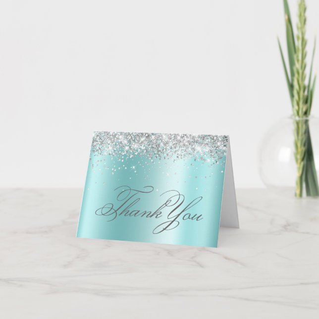 Faux Sparkly Silver Glitter Pale Turquoise Foil Thank You Card (Front)