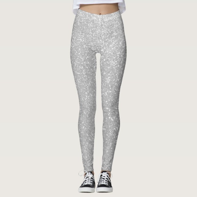 Faux sparkly silver glitter printed legging tights (Front)
