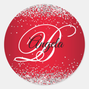 Faux Sparkly Silver Glitter Red Ombre Monogram Classic Round Sticker