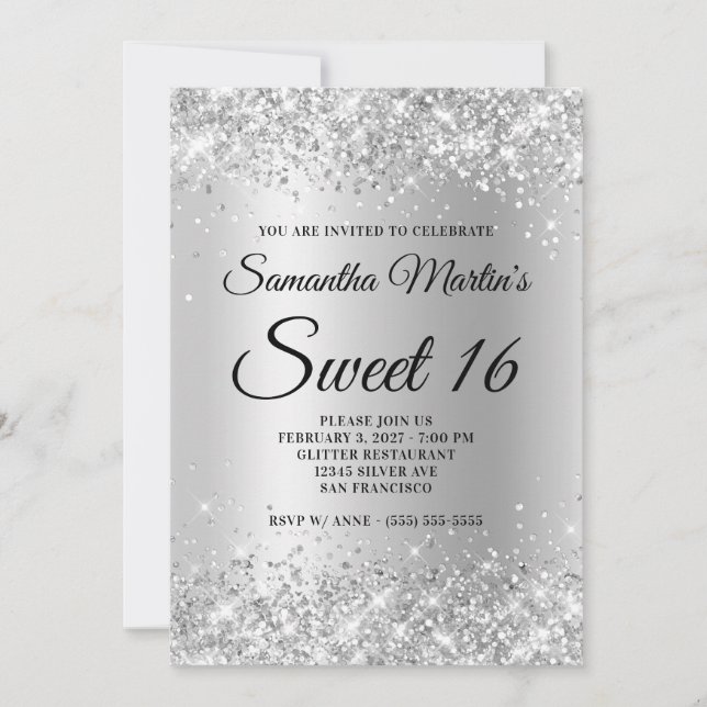 Faux Sparkly Silver Glitter Satin Foil Sweet 16 Invitation (Front)