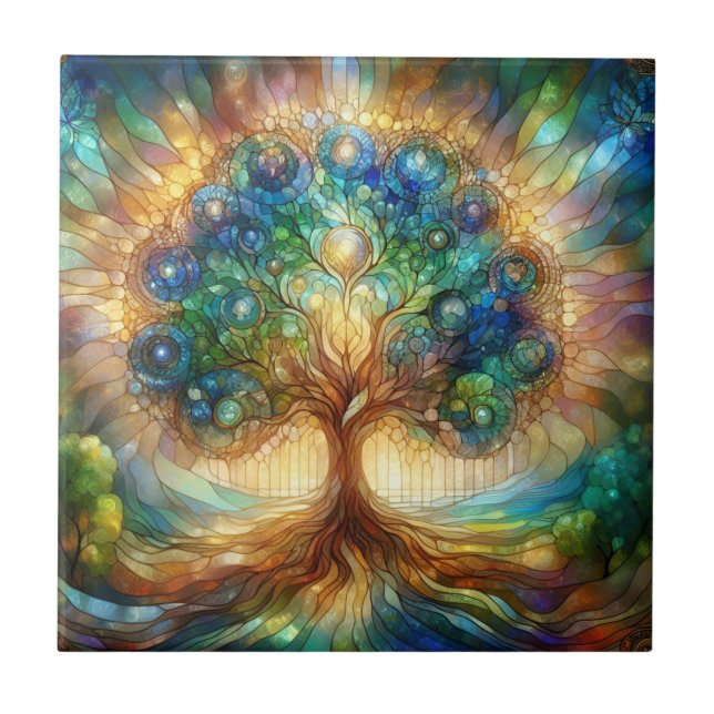 Faux Stained glass, artful tree of life  Tile (Front)
