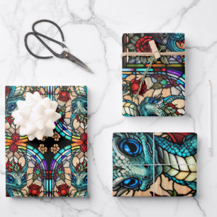 Faux Stained Glass Dragon with Rose Wrapping Paper Sheet