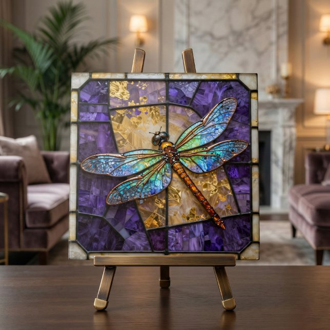 Faux Stained Glass Dragonfly Purple Gold Mosaic Tile (Creator Uploaded)