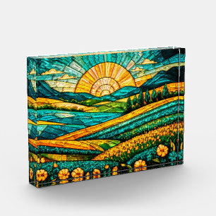 Faux Stained Glass Gold Flowers Green Countryside Photo Block