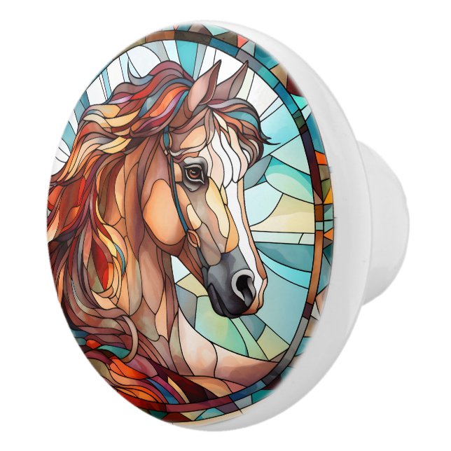 faux stained glass lion Ceramic horse Knob (Right)