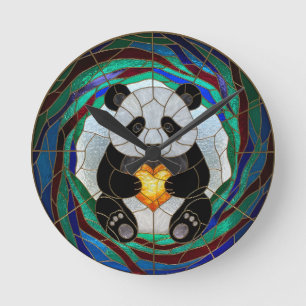 Faux Stained Glass Panda Heart Wall Clock