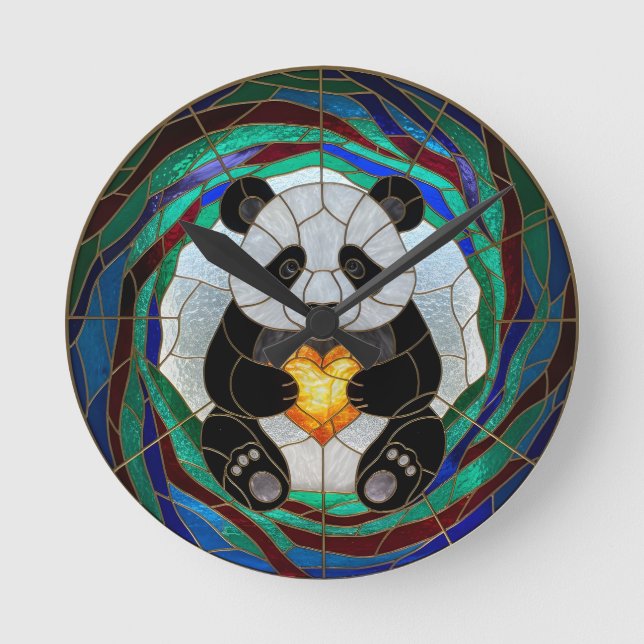 Faux Stained Glass Panda Heart Wall Clock (Front)