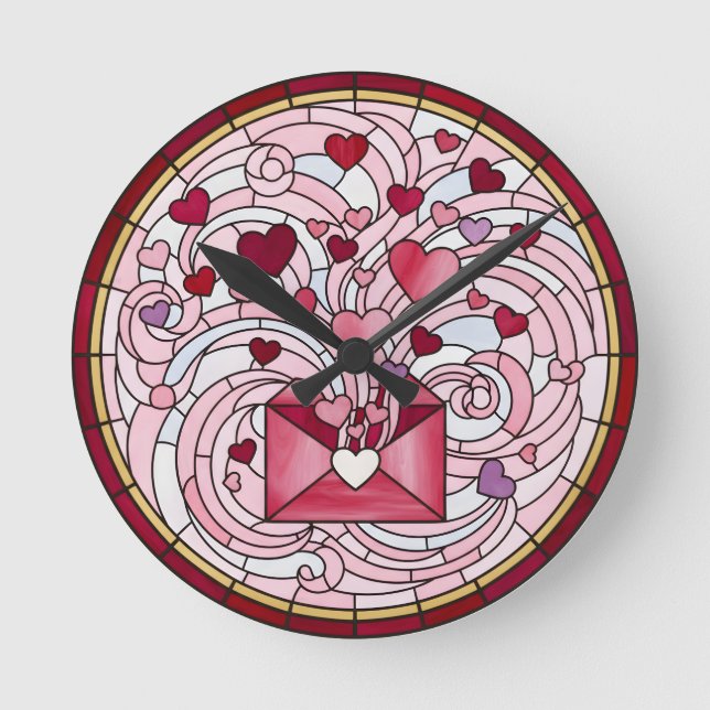 Faux Stained Glass, Romantic Heart Envelope Round Clock (Front)