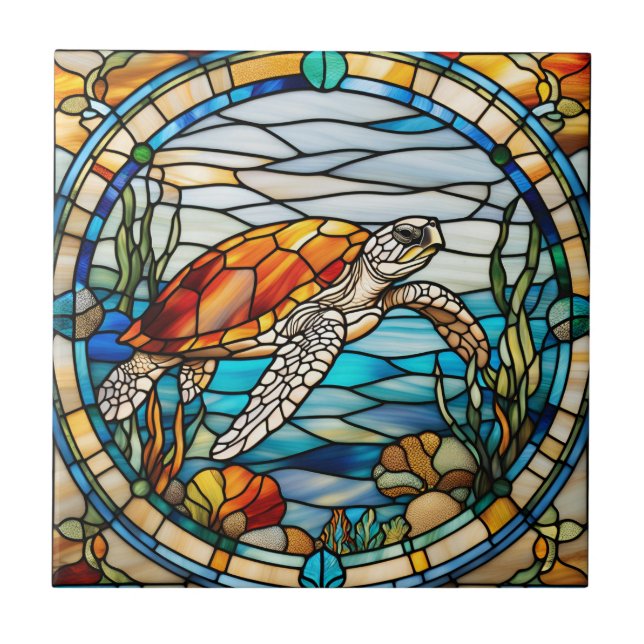 Faux Stained Glass Sea Turtle Tile (Front)