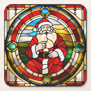Faux Stained Glass Sitting Santa  Square Paper Coaster