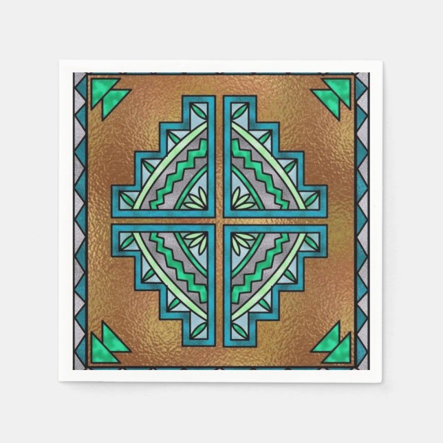 Faux stained glass Southwestern party paper napkin (Front)