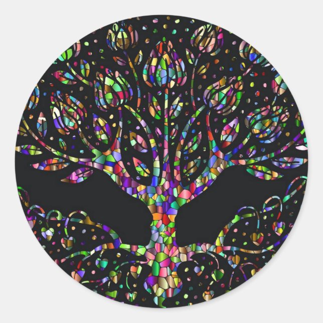 Faux Stained Glass Tree Of Prosperity Classic Round Sticker (Front)