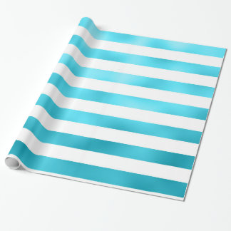Faux Teal Blue White Horizontal Aqua Stripes Wrapping Paper