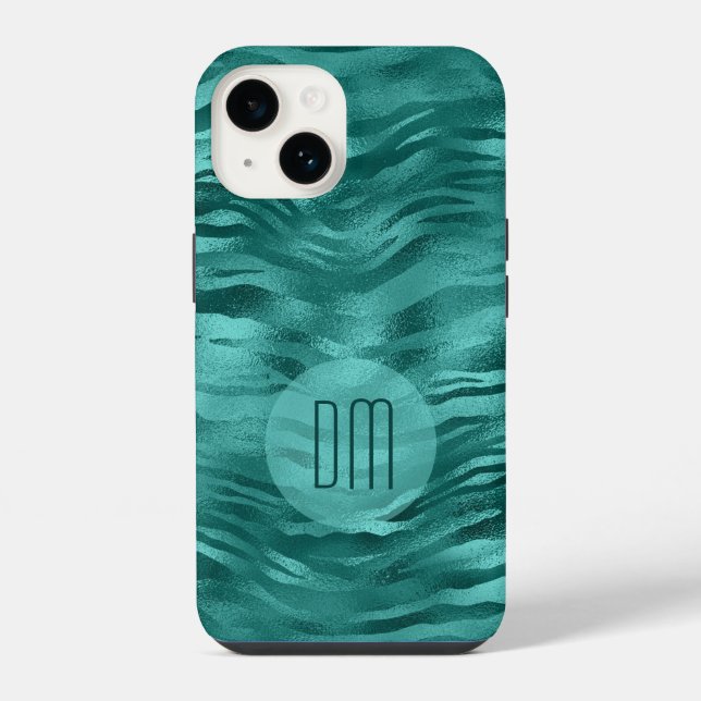Faux Teal Foil Stripe Waves Monogram iPhone Case (Back)