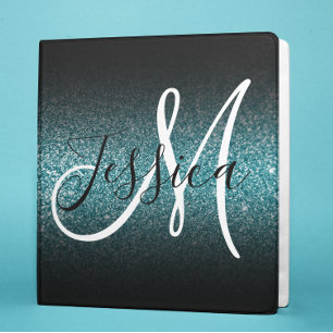 Faux Teal Glitter Black Ombre Monogram Binder