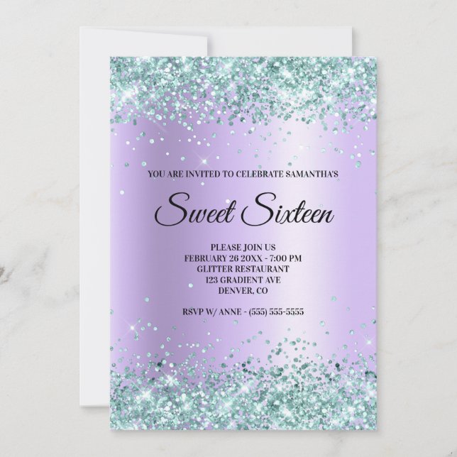 Faux Teal Glitter Lavender Satin Foil Sweet 16 Invitation (Front)