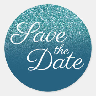 Faux Teal Glitter Ocean Blue Ombre Save the Date Classic Round Sticker
