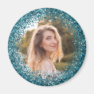 Faux Teal Glitter Photo Magnet
