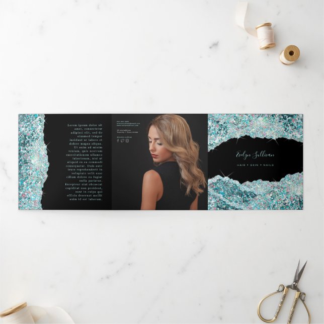 Faux teal glitter trifold brochure (Outside)