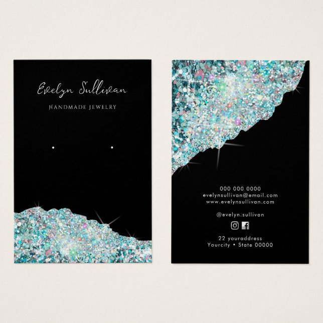 Faux teal iridescent glitter earring display card (Front & Back)