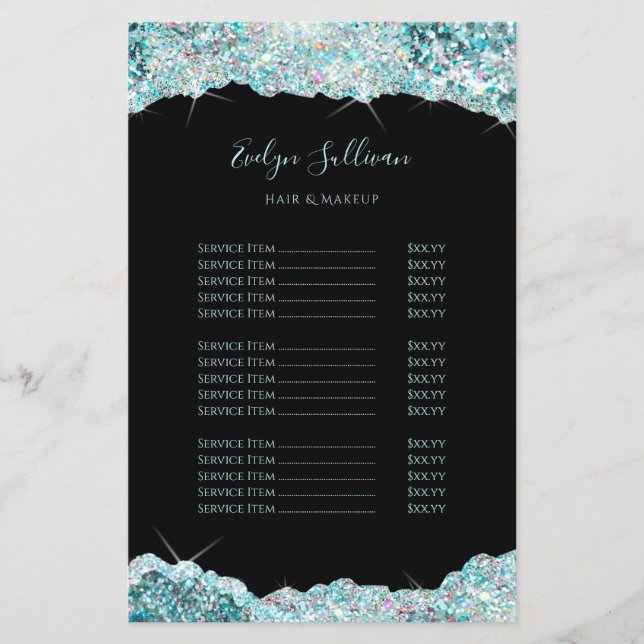 Faux teal iridescent glitter price list flyer (Front)
